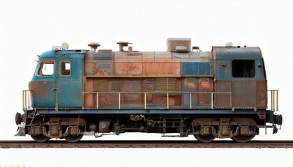 Old rusty diesel locomotive side view isolated on white background, industrial train engine 