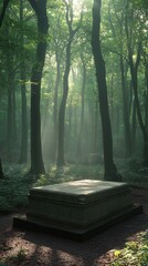 A stone pedestal sits in a misty, sun-dappled forest.