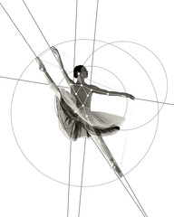 Cotemporary art collage. Ballerina extends into high arabesque pose surrounded by circular...