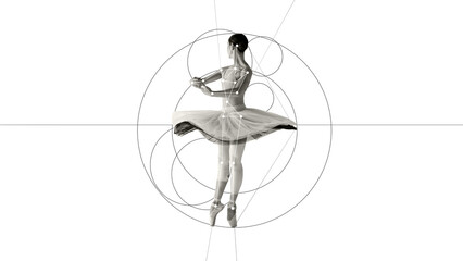Cotemporary art collage. Ballerina in tutu faces away, her pose complemented by geometric circles and lines, blending elegance and modern art. Concept of ballet, sport, modern art. Ad
