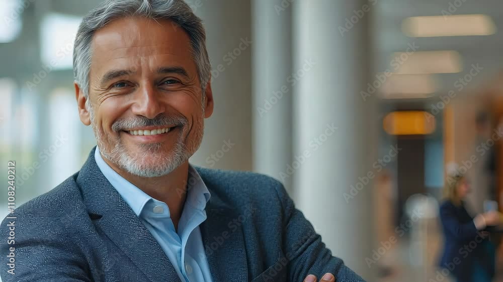 Poster man in a suit is smiling and standing in a hallway. hyperrealistic video