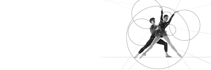 Banner. Cotemporary art collage. Two ballet dancers create synchronized pose within geometric framework, symbolizing balance and partnership in motion. Concept of sport, modern art.