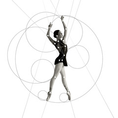 Cotemporary art collage. Ballerina in elegant black outfit strikes classic pose surrounded by...