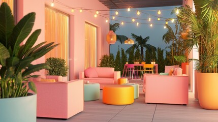 Fototapeta premium Vibrant Outdoor Patio Oasis with Colorful Furniture, Playful String Lights, and Lively Potted Plants - Joyful Gathering Space