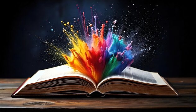 Open book bursting with vibrant paint splash in rainbow colors, symbolizing creativity, 
