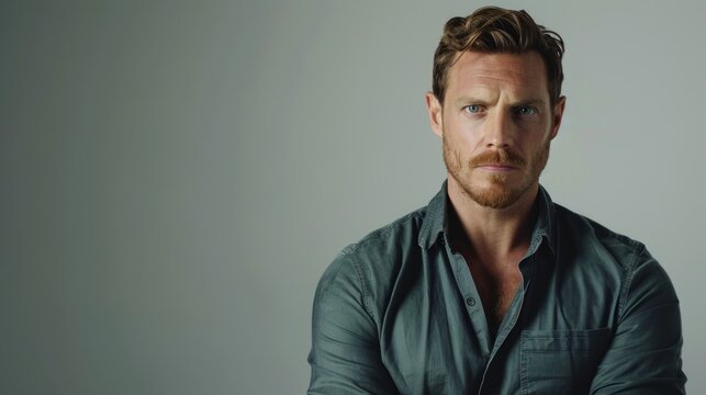 A serious looking redhead with blue eyes, wearing a dark green shirt, stares directly at the camera in a studio portrait.