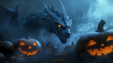 Fototapeta premium A fierce dragon with glowing eyes emerges from the mist, surrounded by carved halloween pumpkins, creating a spooky atmosphere. Shadowed. Illustration