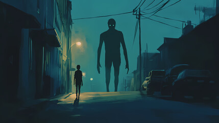 A lone teenager walking down an empty city street at night their looming shadow cast larger than themselves symbolizing the emotional weight and inner turmoil they are carrying. Shadowed. Illustration
