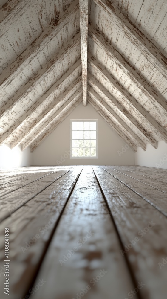 Poster a view of a rustic attic with a single window. the wooden beams and floors create a warm and invitin