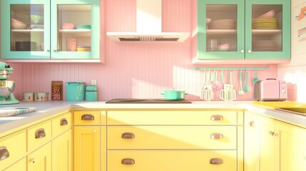 Blissful Kitchen Ambiance with Vibrant Cabinetry and Eclectic Decor for Joyful Cooking Experience