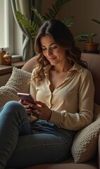 Obraz premium A young woman relaxes on a cozy sofa, engaging with her smartphone, embodying comfort and modern living in a serene indoor setting.