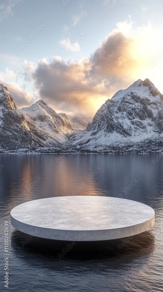 Poster a white circular platform floating on a calm lake with snow capped mountains in the background, perf
