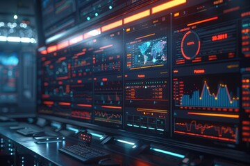 Naklejka premium High-tech control room with data displays and analytics dashboards.