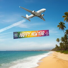 An aerial banner with Happy new year written on it