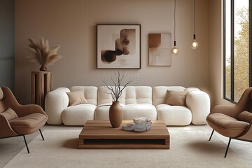 Fototapeta premium Beige living room modular sofa, wooden coffee table. Aesthetic interior design with neutral colors, modern furniture. Vase with branch, personal accessories. Modern home decor template. Relaxing,