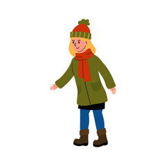 A cheerful person walking in winter attire on a snowy day