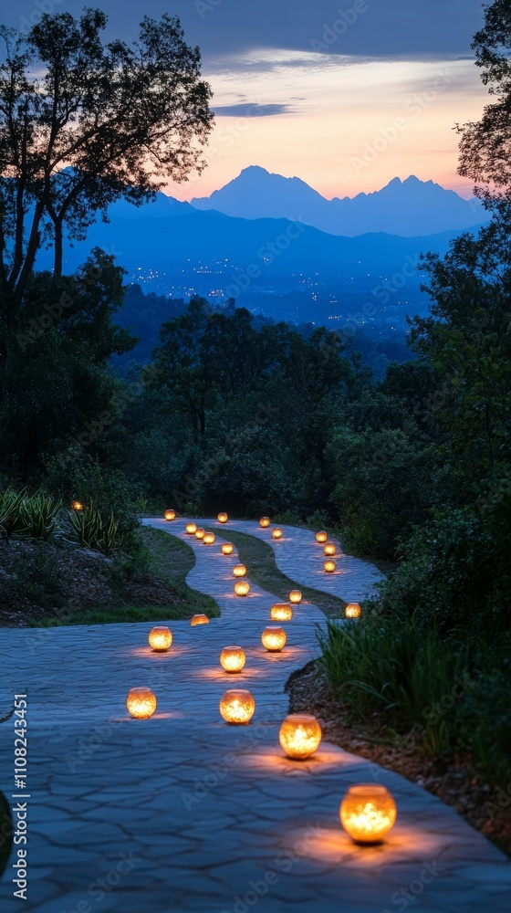 Poster a winding path lit by lanterns leads to a mountain range under a twilight sky.