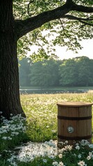 A wooden barrel sits in a field of daisies under a large tree with a lake in the background.