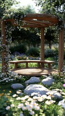 Naklejka premium A wooden bench and pergola surrounded by a lush green lawn with white flowers and grey rocks.