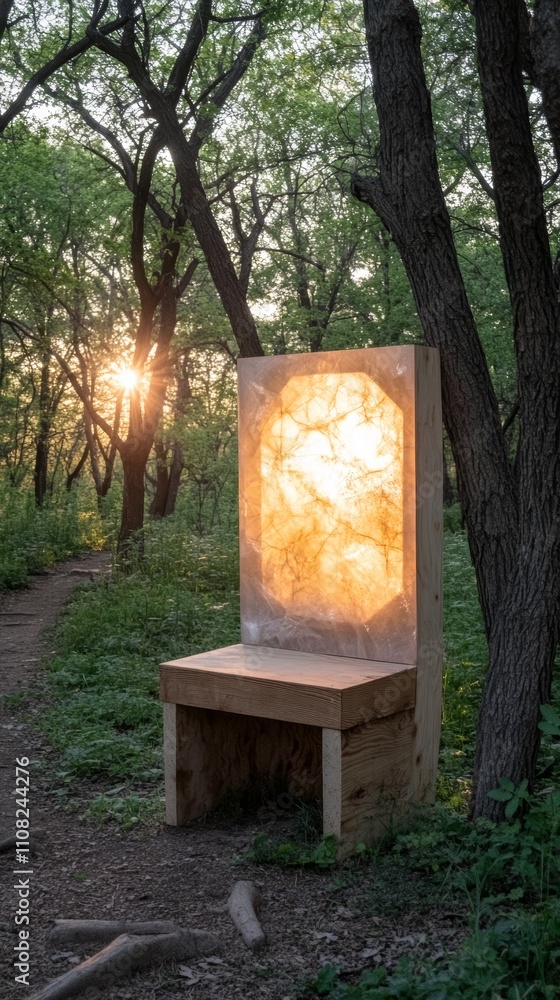 Poster A wooden bench with a large, translucent panel in the back, illuminated by the setting sun in a forest setting.