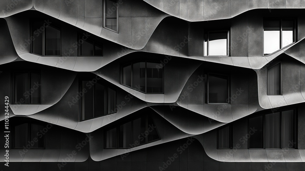 Aufkleber Modern building facade with wavy dark gray texture. Abstract design with windows arranged in irregular patterns. Stylish, contemporary architectural detail. Geometric shapes create visual interest.