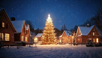 Fototapeta premium Snowy village scene at dusk, with small cottages lit by warm lights and a Christmas tree