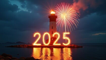 A joyful celebration at a lighthouse with beams of light forming 'Happy 2025' as fireworks burst in the background