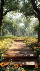Obraz premium A wooden path leads through a field of sunflowers in a forest.