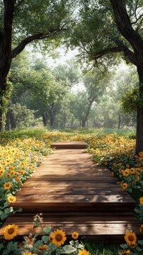 A wooden path leads through a field of sunflowers in a forest.