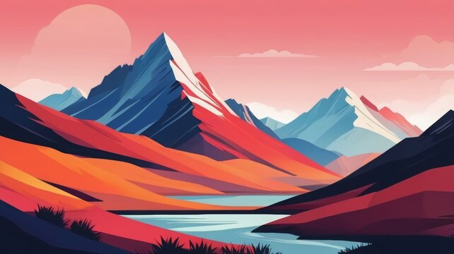 A minimalist flat design illustration of a mountain landscape, with bold, simple shapes and vibrant, contrasting colors
