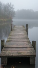 Obraz premium A wooden pier extends out into a foggy lake, disappearing into the mist.