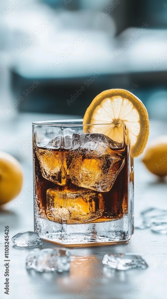 Poster refreshing iced drink with lemon slice on a table surrounded by lemons and ice cubes