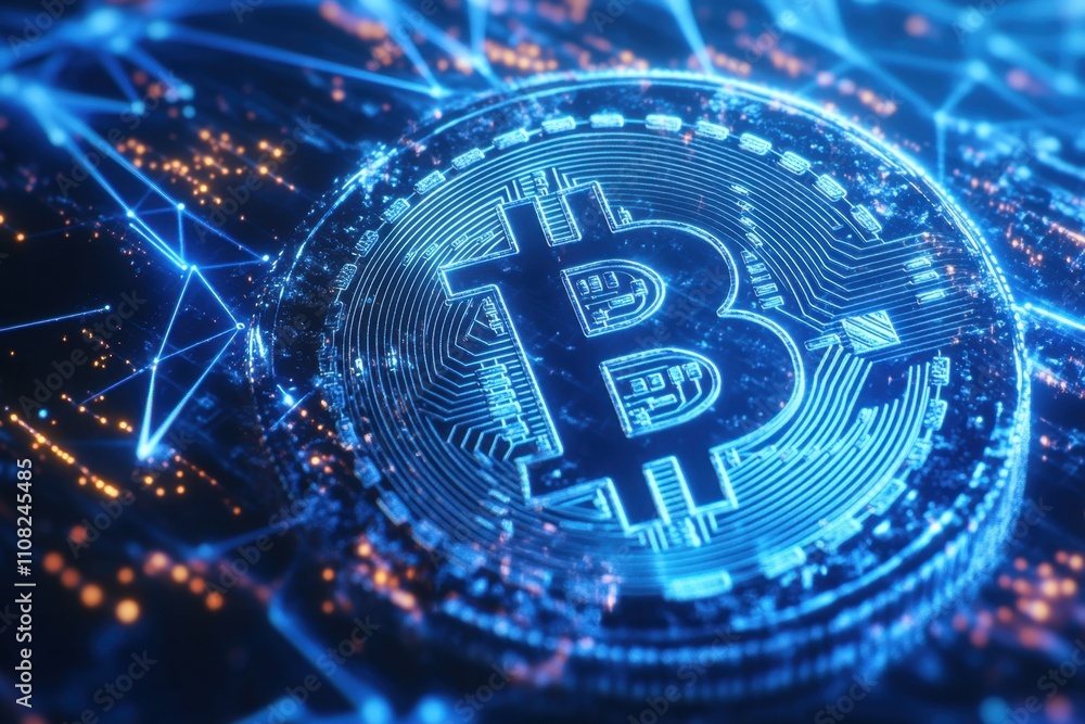 Poster blue digital background with holographic coins and lines connecting them on the right side of the co