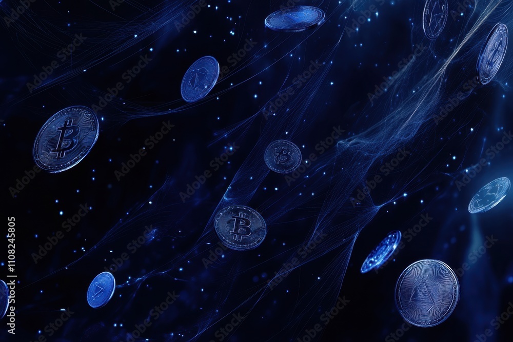 Poster a blue background with coins and bitcoin logos floating in the air, connected by digital lines futur