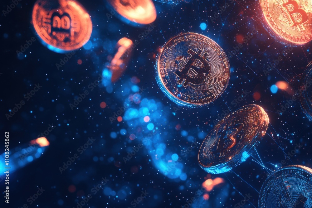 Aufkleber a digital blue background with floating digital coins and cyber network connections, a dark backgrou