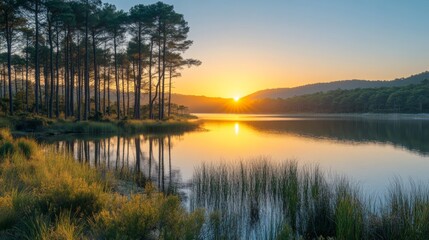 Obraz premium Serene Sunrise Over Lake