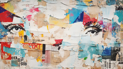 Naklejka premium Old wrinkled grunge ripped torn placard posters background. White, pink, blue, yellow colors weathered advertising poster pieces on wall