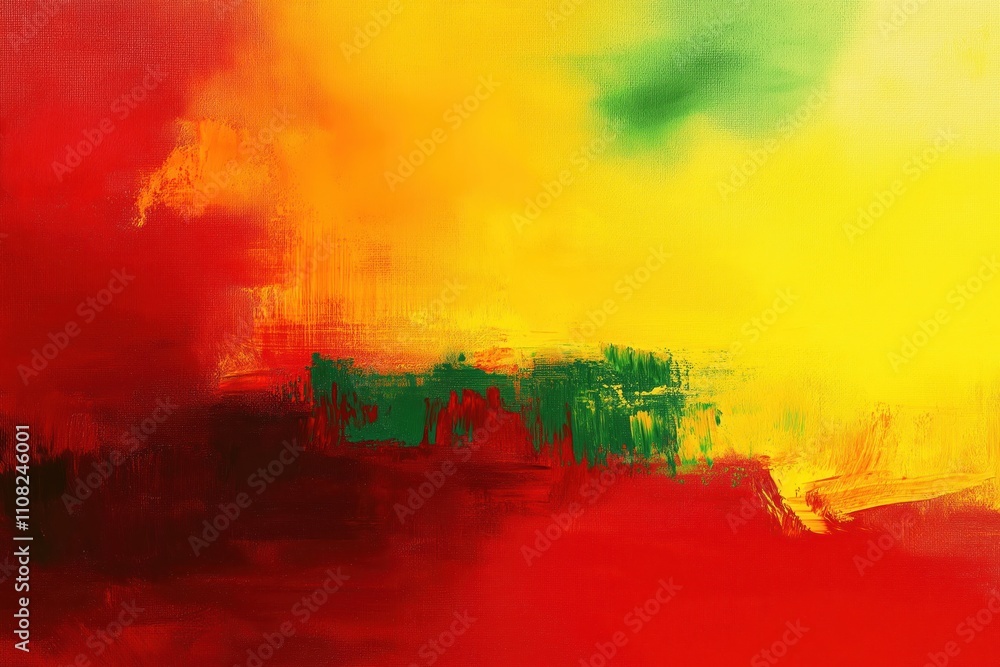 Poster abstract art piece with vibrant red yellow, green colors. orange hues blend smoothly creating dynami