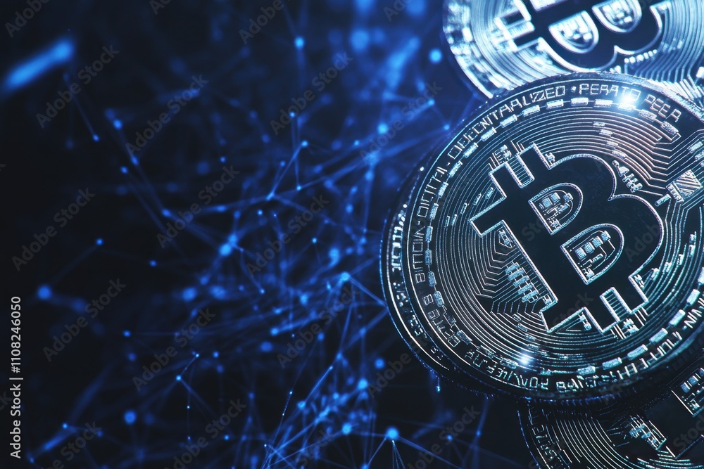 Poster a digital background with a blue color and white glowing bitcoin coins floating around on the right 