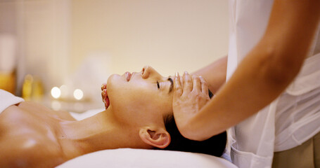Girl, therapist hands and face treatment in spa for relax, sleeping and skincare massage at luxury...