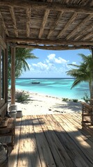 A wooden porch overlooking a pristine beach with turquoise water, palm trees, and a small boat in the distance.
