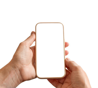 Person's hands holding modile phone isolated cutout on transparent