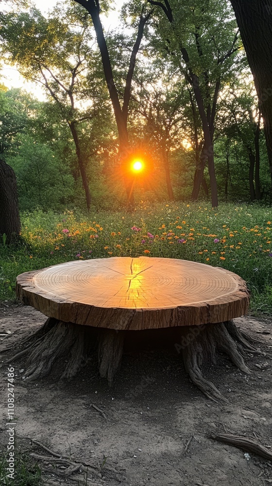 Poster a wooden table made from a tree trunk sits in a clearing in the woods with the setting sun in the ba