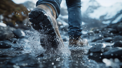 Hiking Boots Splashing in Stream  Rocky Trail  Adventure
