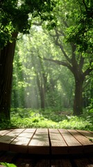 Fototapeta premium A wooden table in a lush green forest with sunlight streaming through the leaves.