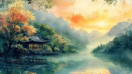 Fototapeta premium Tranquil Sunrise over Serene Lake