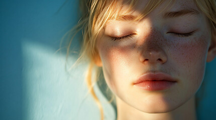 Fototapeta premium Serene Young Woman with Freckles Sunlight on Face Close up Portrait