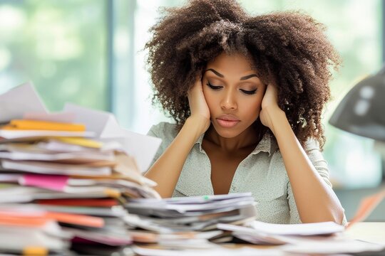 A woman managing daily administrative tasks  organizing mail and making important phone calls