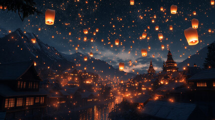 Fototapeta premium Magical Night Sky Lantern Festival over Enchanting Village