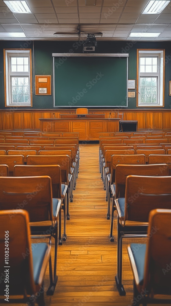 Poster an empty lecture hall with wooden seats and a large green chalkboard.